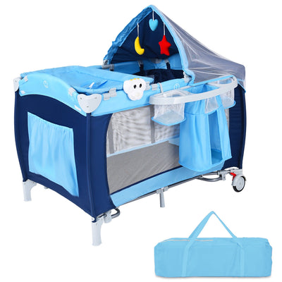 Foldable Baby Crib Playpen w/ Mosquito Net and Bag-Blue