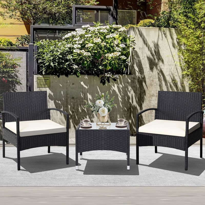 3 Pieces Patio Wicker Rattan Furniture Set with Cushion for Lawn Backyard-White