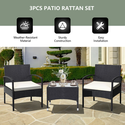 3 Pieces Patio Wicker Rattan Furniture Set with Cushion for Lawn Backyard-White