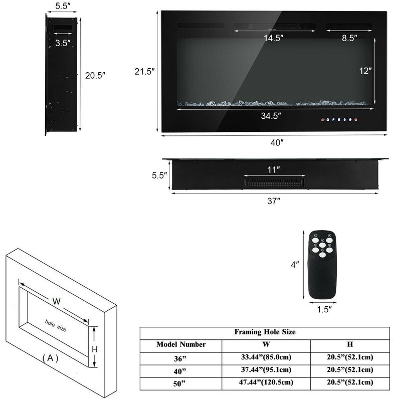 40-Inch Electric Fireplace Recessed with Thermostat