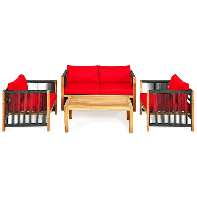 4 Pcs Acacia Wood Outdoor Patio Furniture Set with Cushions-Red