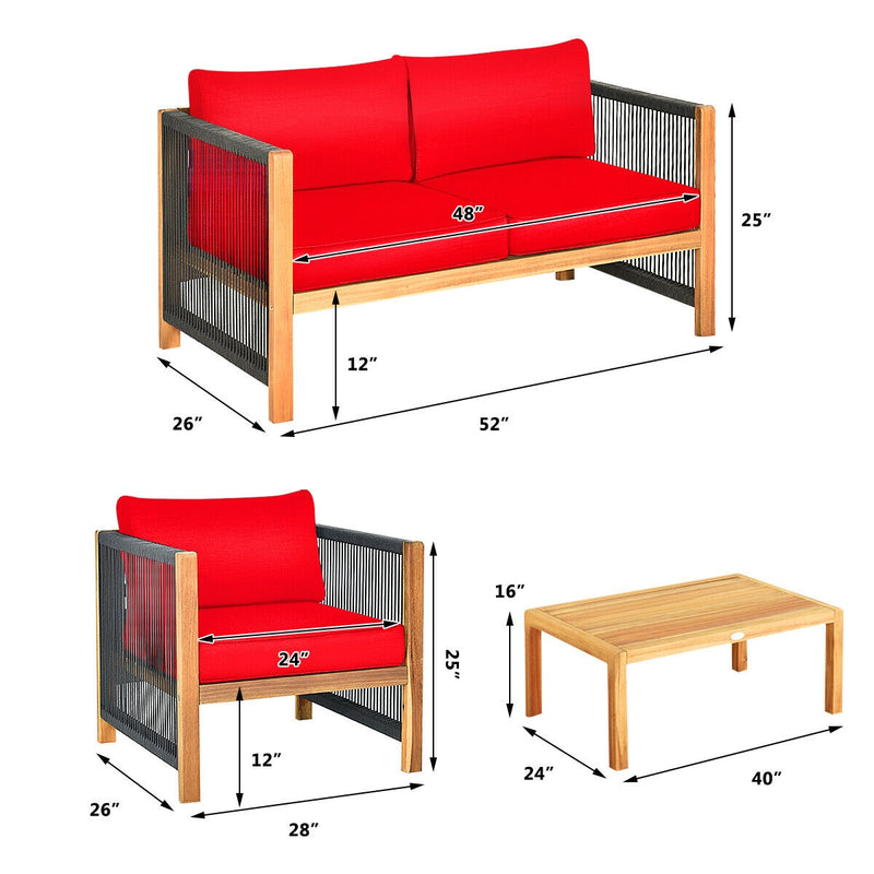 4 Pcs Acacia Wood Outdoor Patio Furniture Set with Cushions-Red