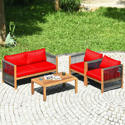 4 Pcs Acacia Wood Outdoor Patio Furniture Set with Cushions-Red