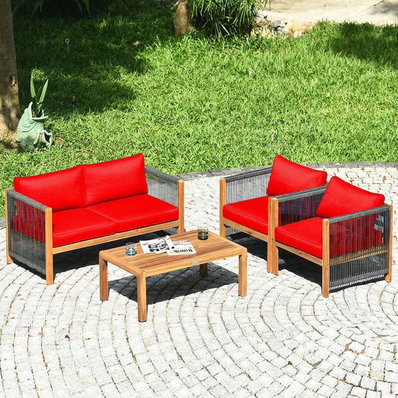 4 Pcs Acacia Wood Outdoor Patio Furniture Set with Cushions-Red