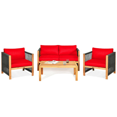 4 Pcs Acacia Wood Outdoor Patio Furniture Set with Cushions-Red