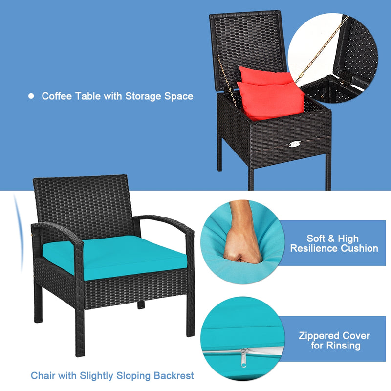 3 Piece PE Rattan Wicker Sofa Set with Washable and Removable Cushion for Patio-Turquoise