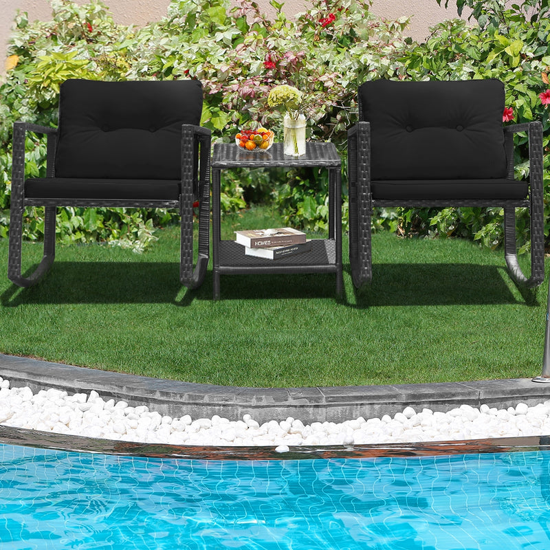 3 Pieces Cushioned Patio Rattan Set with Rocking Chair and Table-Black