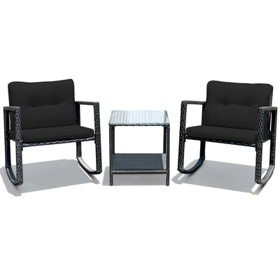 3 Pieces Cushioned Patio Rattan Set with Rocking Chair and Table-Black