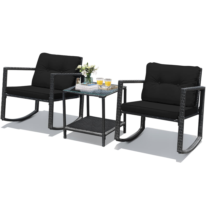 3 Pieces Cushioned Patio Rattan Set with Rocking Chair and Table-Black