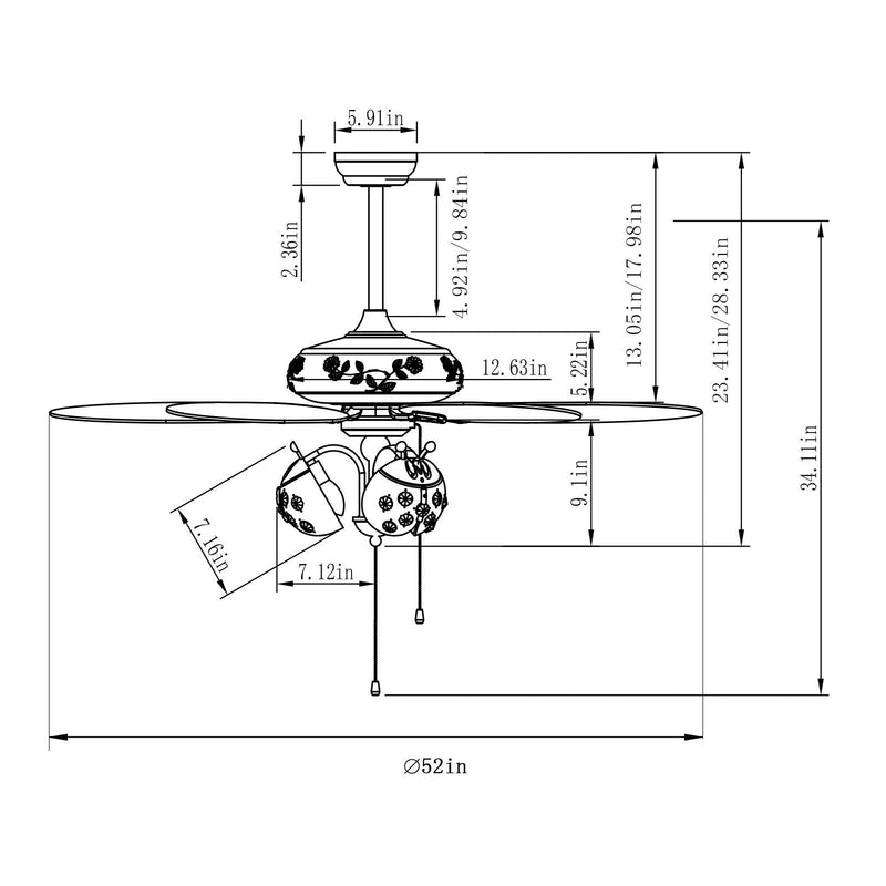 52 Inch Kids Ceiling Fan with Pull Chain Control