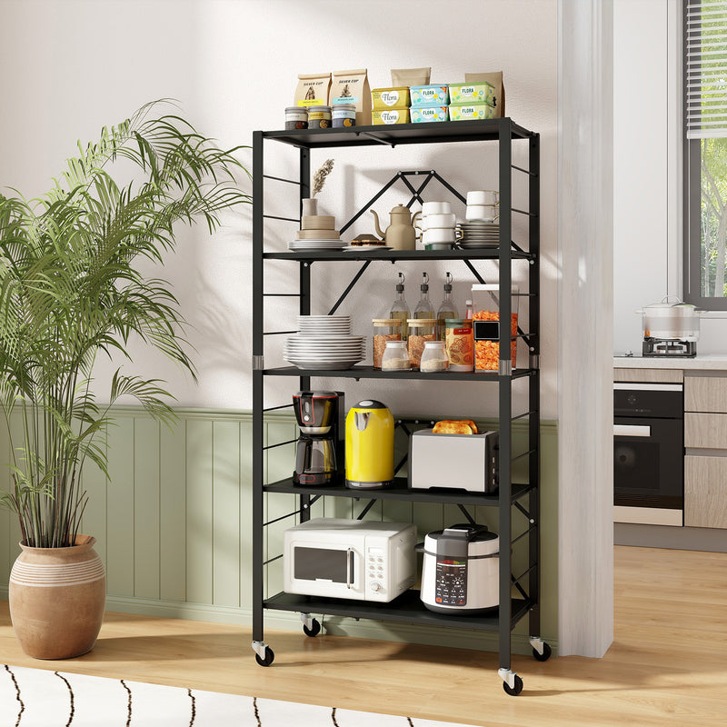 5-Tier Foldable Storage Shelf with Wheels-Black