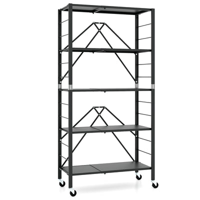 5-Tier Foldable Storage Shelf with Wheels-Black