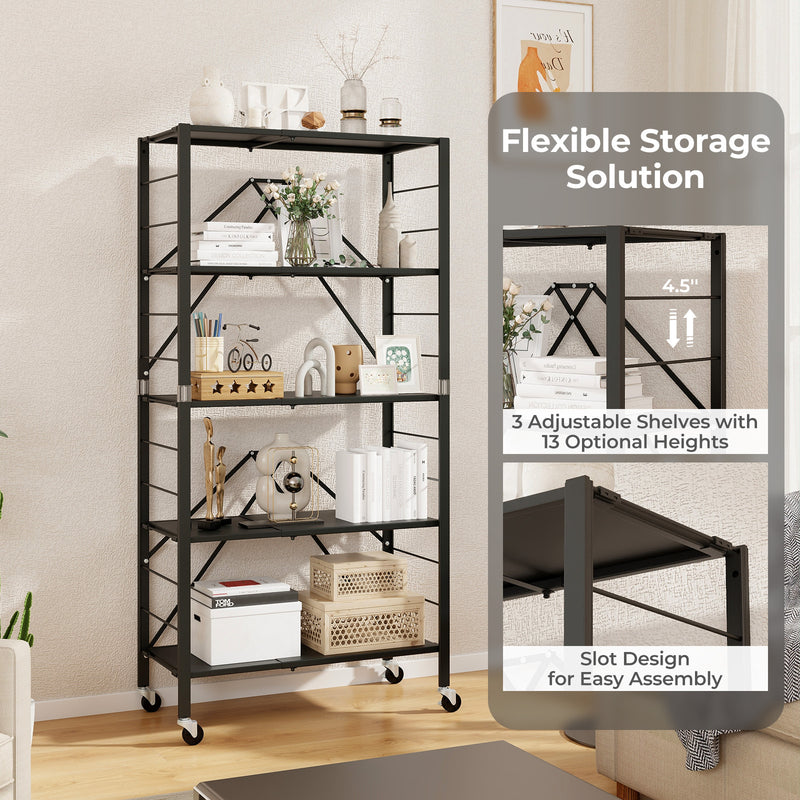 5-Tier Foldable Storage Shelf with Wheels-Black