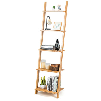 5-Tier Ladder Shelf Modern Bamboo Leaning Bookshelf Ladder Bookcase