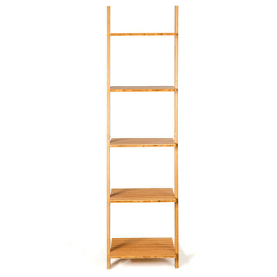 5-Tier Ladder Shelf Modern Bamboo Leaning Bookshelf Ladder Bookcase