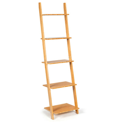 5-Tier Ladder Shelf Modern Bamboo Leaning Bookshelf Ladder Bookcase