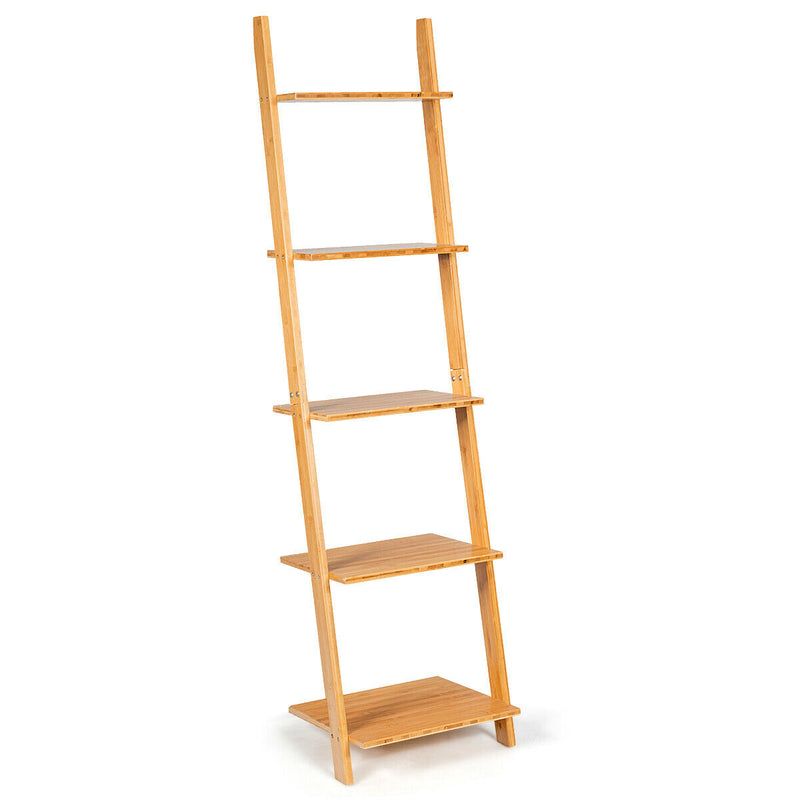 5-Tier Ladder Shelf Modern Bamboo Leaning Bookshelf Ladder Bookcase