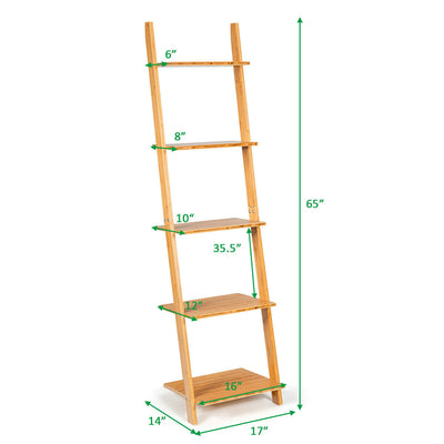 5-Tier Ladder Shelf Modern Bamboo Leaning Bookshelf Ladder Bookcase