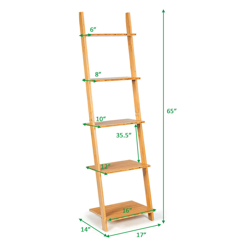 5-Tier Ladder Shelf Modern Bamboo Leaning Bookshelf Ladder Bookcase