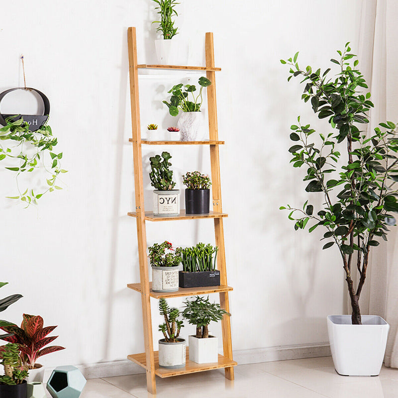 5-Tier Ladder Shelf Modern Bamboo Leaning Bookshelf Ladder Bookcase