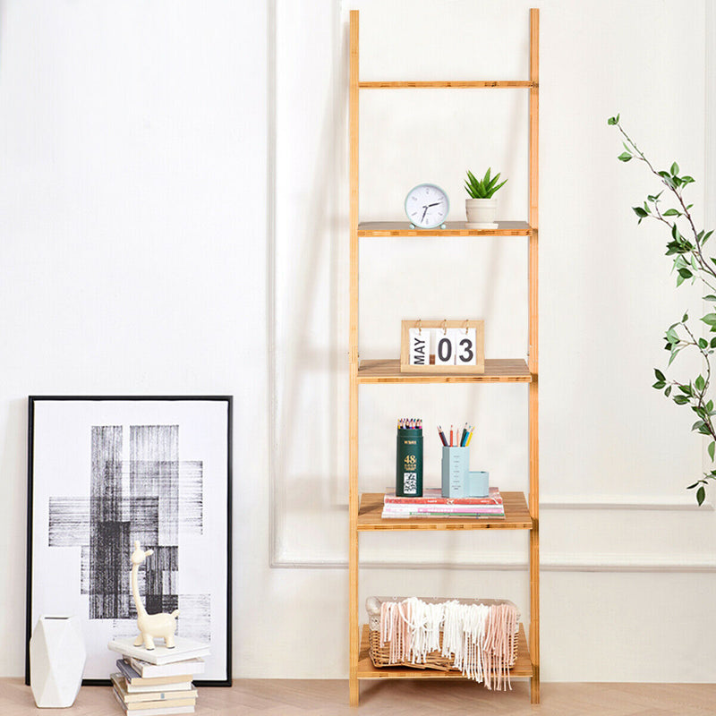 5-Tier Ladder Shelf Modern Bamboo Leaning Bookshelf Ladder Bookcase