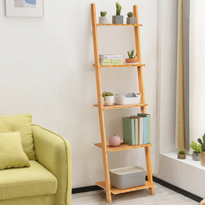 5-Tier Ladder Shelf Modern Bamboo Leaning Bookshelf Ladder Bookcase