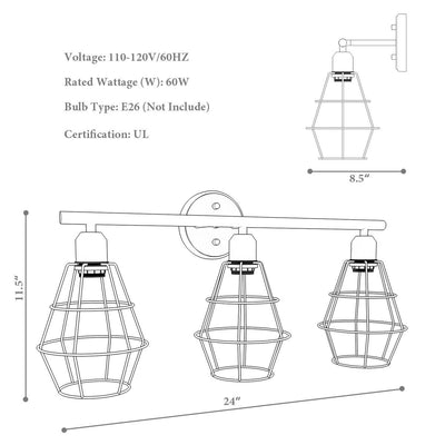 3-Light Industrial Bathroom Vanity Cage Light Vintage Wall Lamp