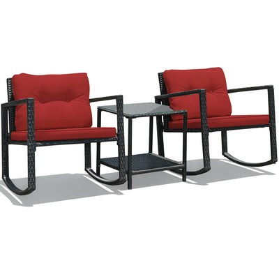 3 Pcs Wicker Rocking Bistro Set with Glass Coffee Table and Storage Shelf-Red