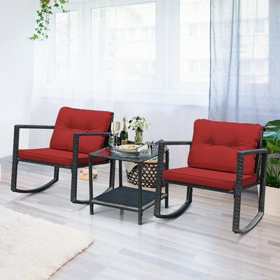 3 Pcs Wicker Rocking Bistro Set with Glass Coffee Table and Storage Shelf-Red