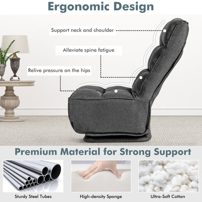 360-Degree Swivel Folding Floor Chair with 6 Adjustable Positions-Gray