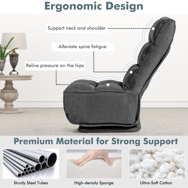 360-Degree Swivel Folding Floor Chair with 6 Adjustable Positions-Gray