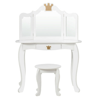 Kids Makeup Dressing Table with Tri-folding Mirror and Stool-White