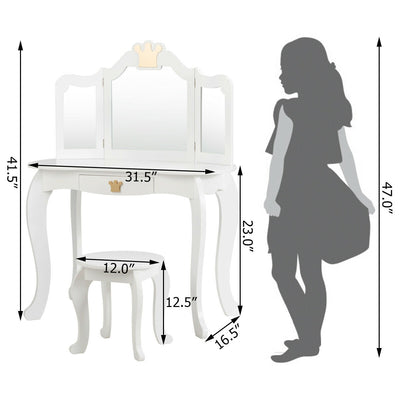 Kids Makeup Dressing Table with Tri-folding Mirror and Stool-White