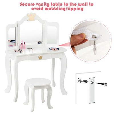 Kids Makeup Dressing Table with Tri-folding Mirror and Stool-White