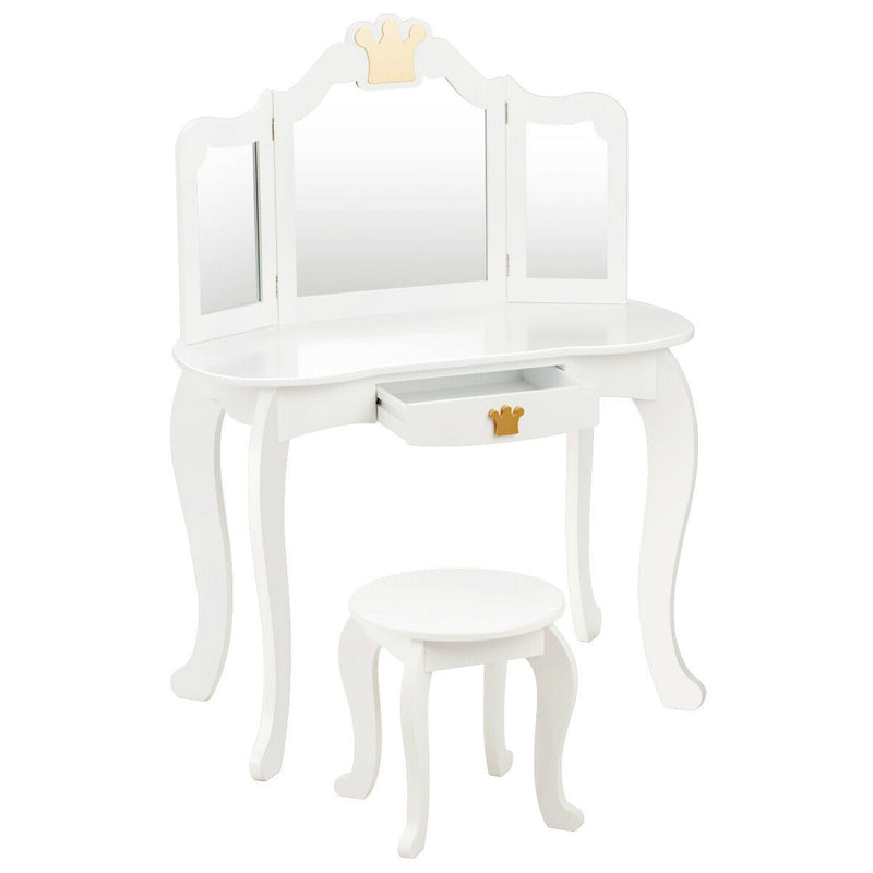 Kids Makeup Dressing Table with Tri-folding Mirror and Stool-White