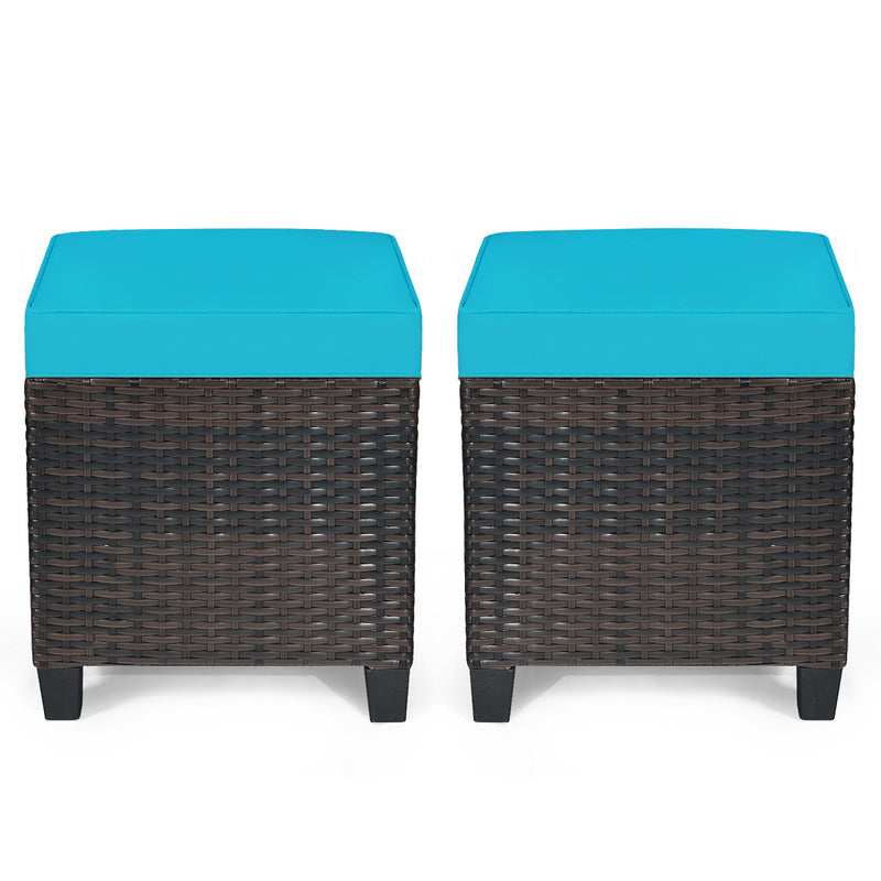 2PCS Patio Rattan Ottoman Cushioned Seat-Turquoise