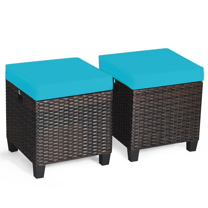 2PCS Patio Rattan Ottoman Cushioned Seat-Turquoise