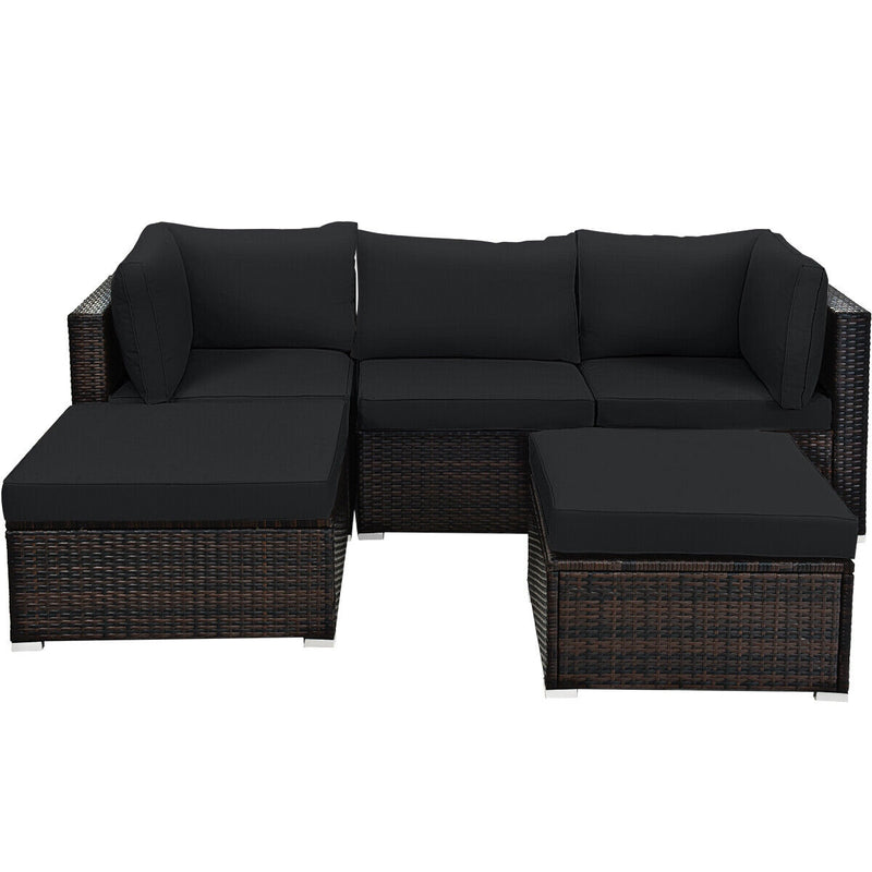 5 Pieces Patio Sectional Rattan Furniture Set with Ottoman Table-Black