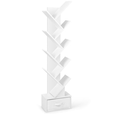 10-Tier Tree Bookshelf with Drawer Free-standing Storage Bookcase-White