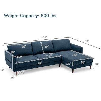 L-Shaped Fabric Sectional Sofa with Chaise Lounge and Solid Wood Legs-Navy