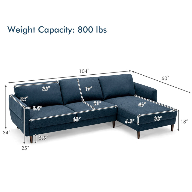 L-Shaped Fabric Sectional Sofa with Chaise Lounge and Solid Wood Legs-Navy