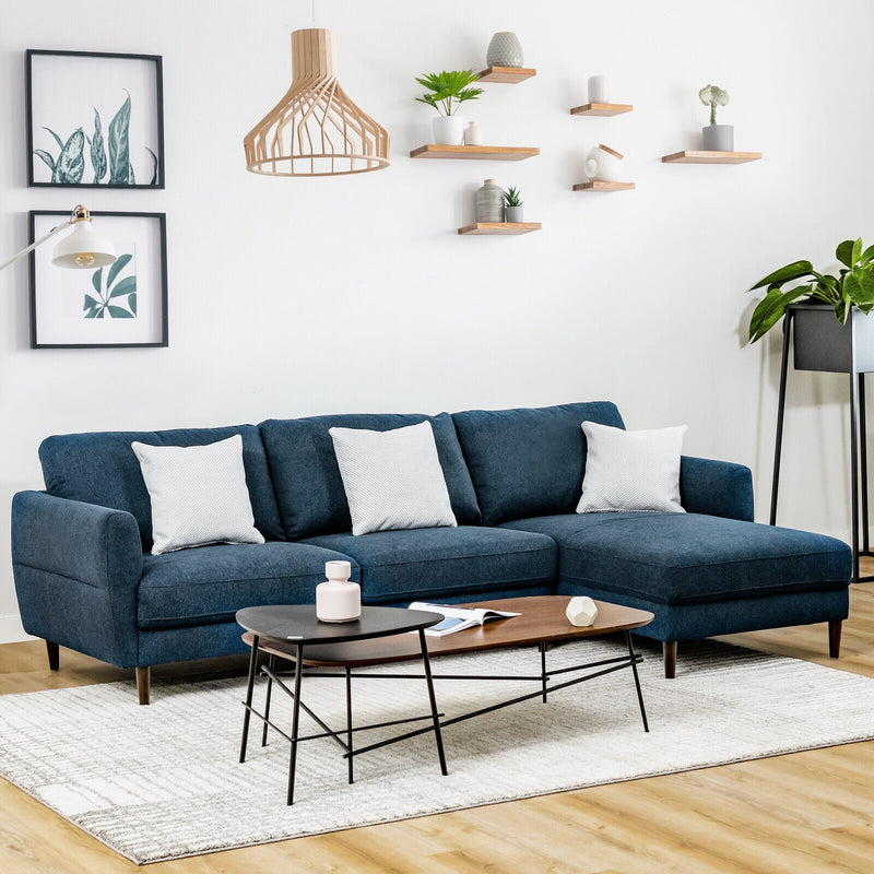 L-Shaped Fabric Sectional Sofa with Chaise Lounge and Solid Wood Legs-Navy