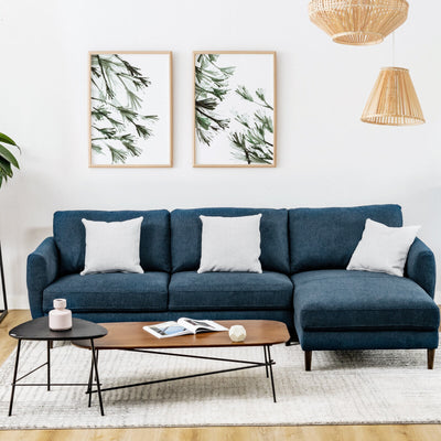 L-Shaped Fabric Sectional Sofa with Chaise Lounge and Solid Wood Legs-Navy