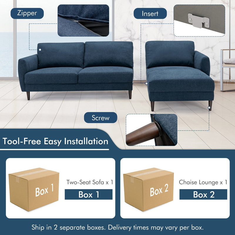 L-Shaped Fabric Sectional Sofa with Chaise Lounge and Solid Wood Legs-Navy