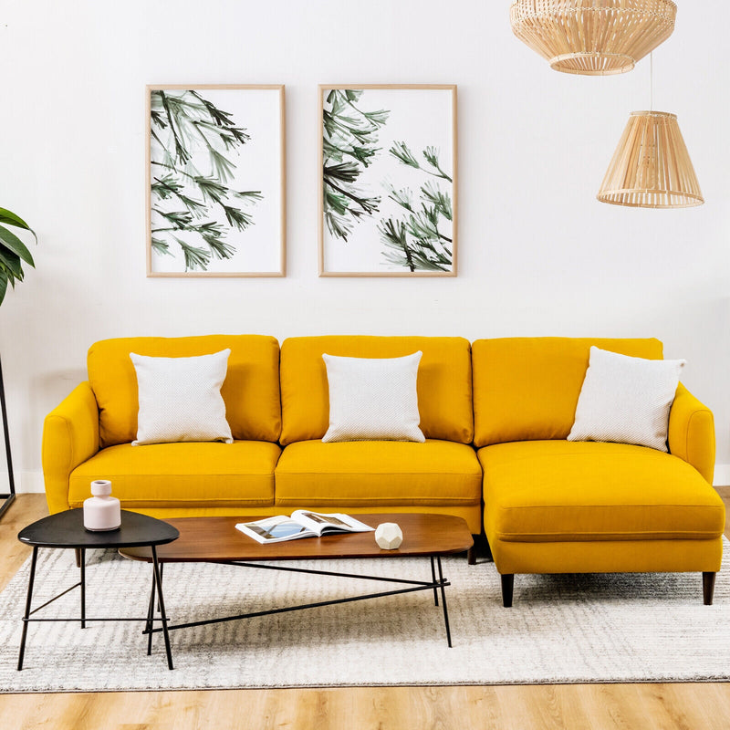 L-Shaped Fabric Sectional Sofa with Chaise Lounge and Solid Wood Legs-Yellow