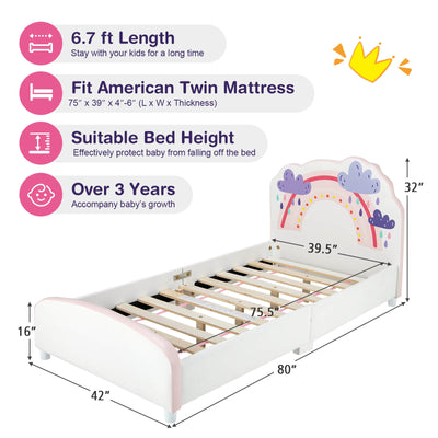 Kids Twin Size Upholstered Platform Wooden Bed with Rainbow Pattern