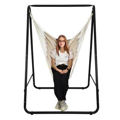 Hanging Padded Hammock Chair with Stand and Heavy Duty Steel-Beige