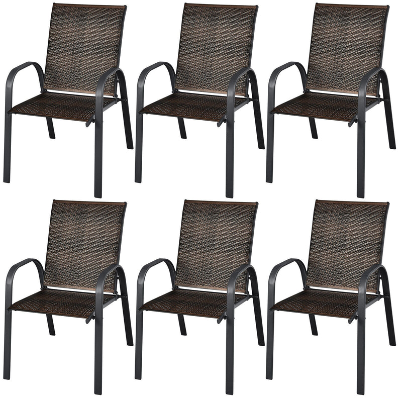 Set of 6 Outdoor PE Wicker Stackable Chairs with Sturdy Steel Frame-Brown