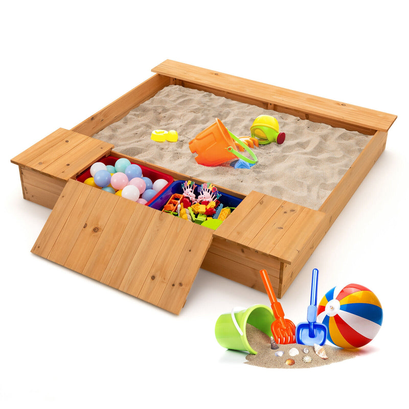 Kids Wooden Sandbox with Bench Seats and Storage Boxes