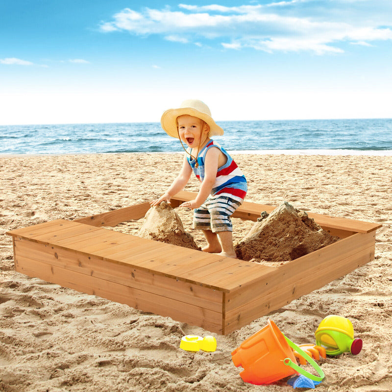 Kids Wooden Sandbox with Bench Seats and Storage Boxes